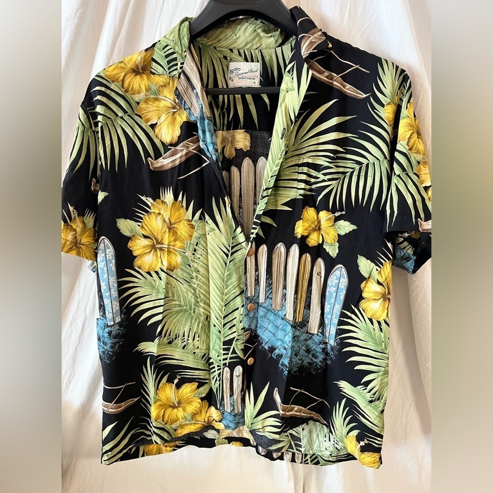 MEN'S DIAMOND HEAD HAWAIIAN SHIRT BLACK SURF BOARDS 100% RAYON SIZE Large